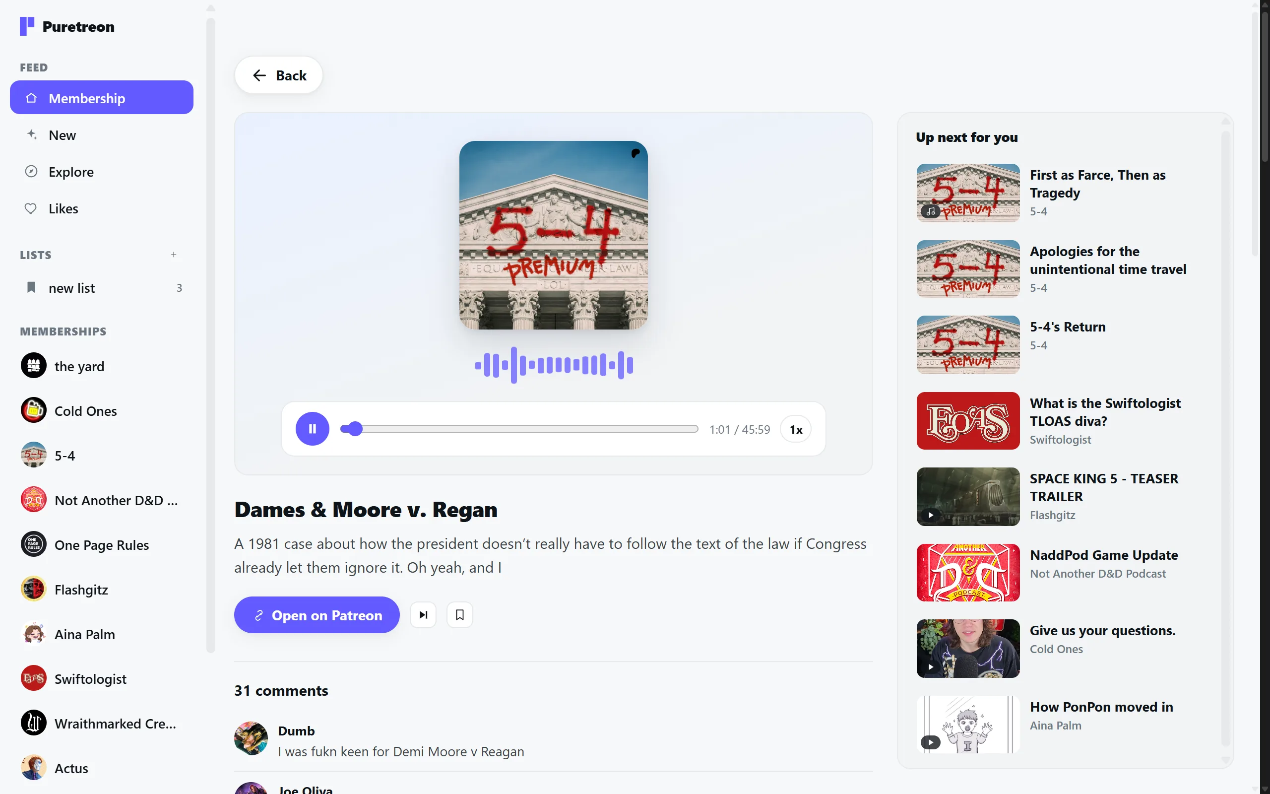 An audio post open in Puretreon showing cover art, an animated waveform, a scrubber and a playback speed button.