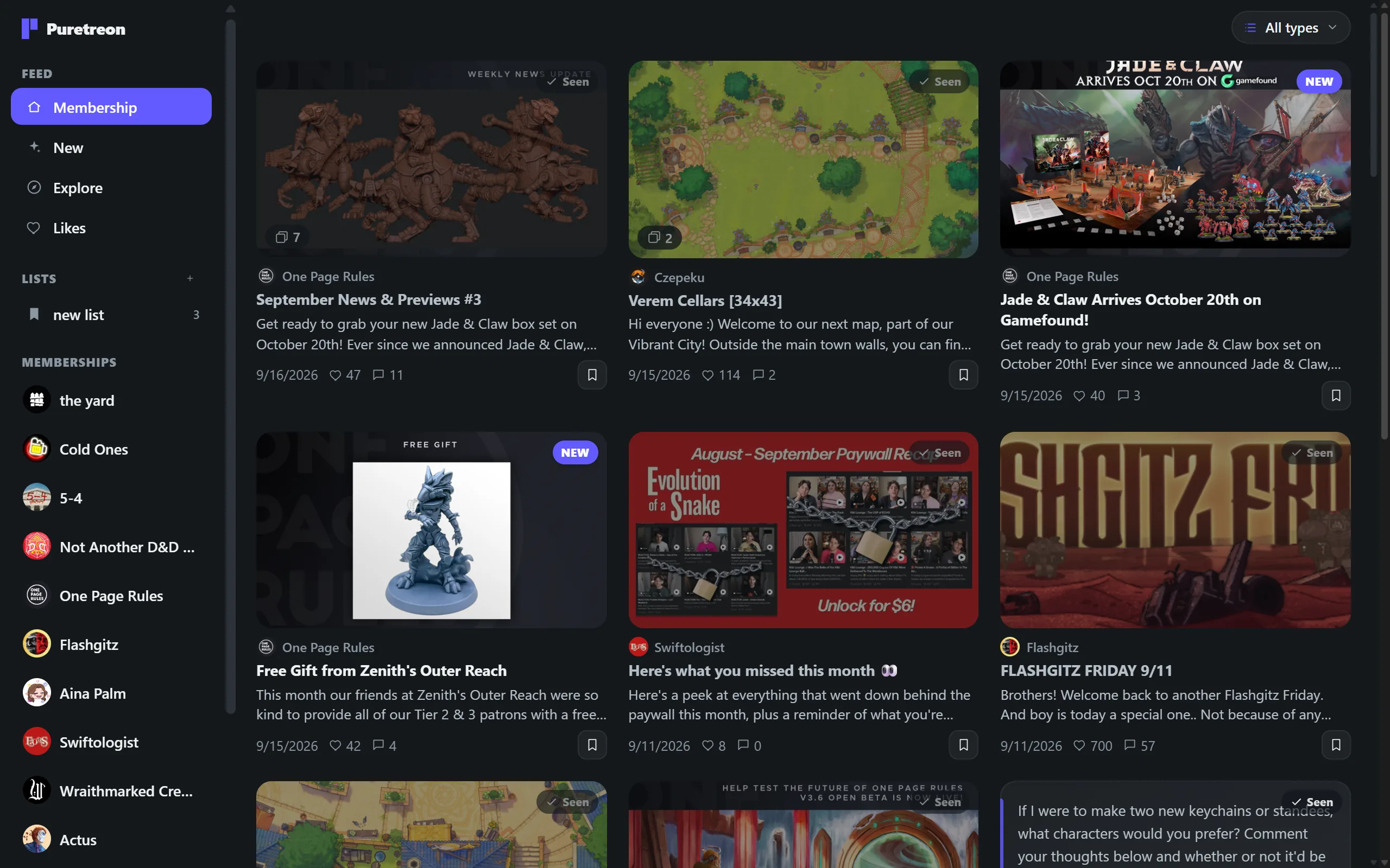 The same Puretreon feed in its dark theme.