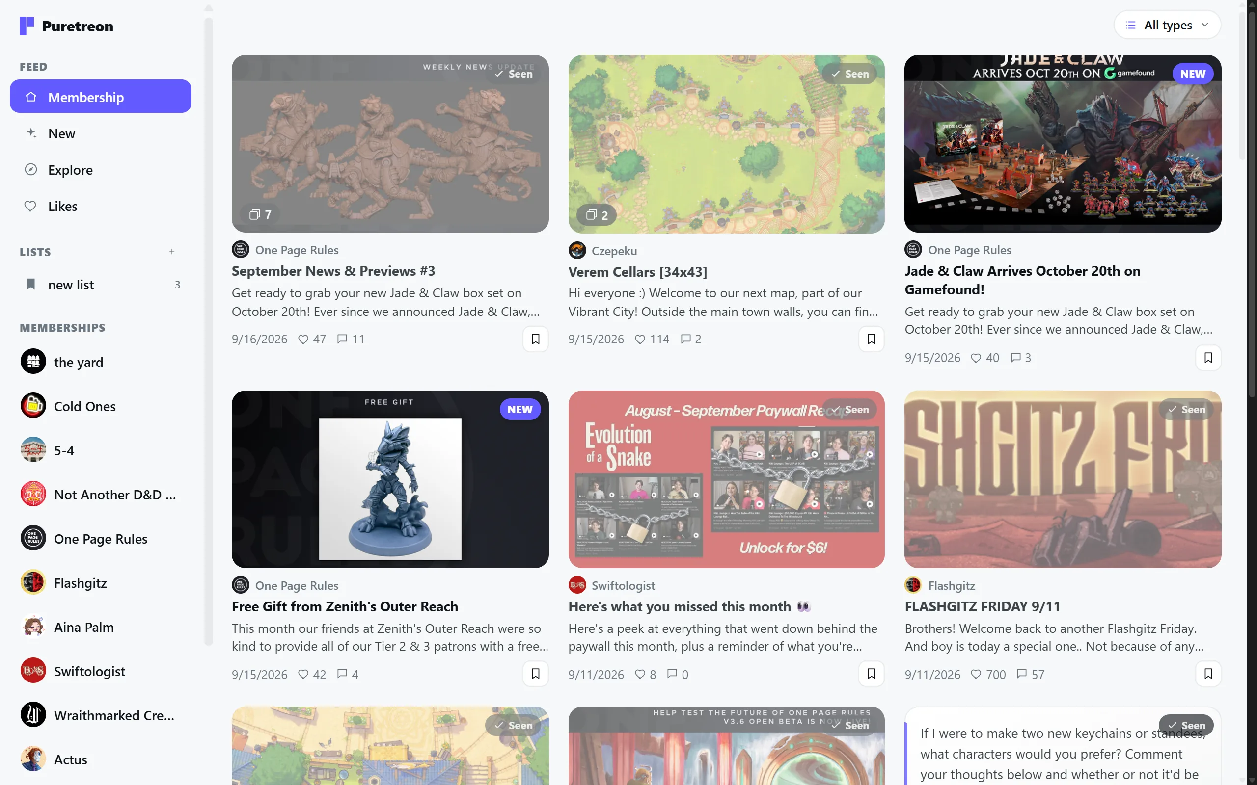 Puretreon's feed: a grid of post cards from several creators, each with a thumbnail, title, date, like and comment counts, beside a sidebar listing every membership.