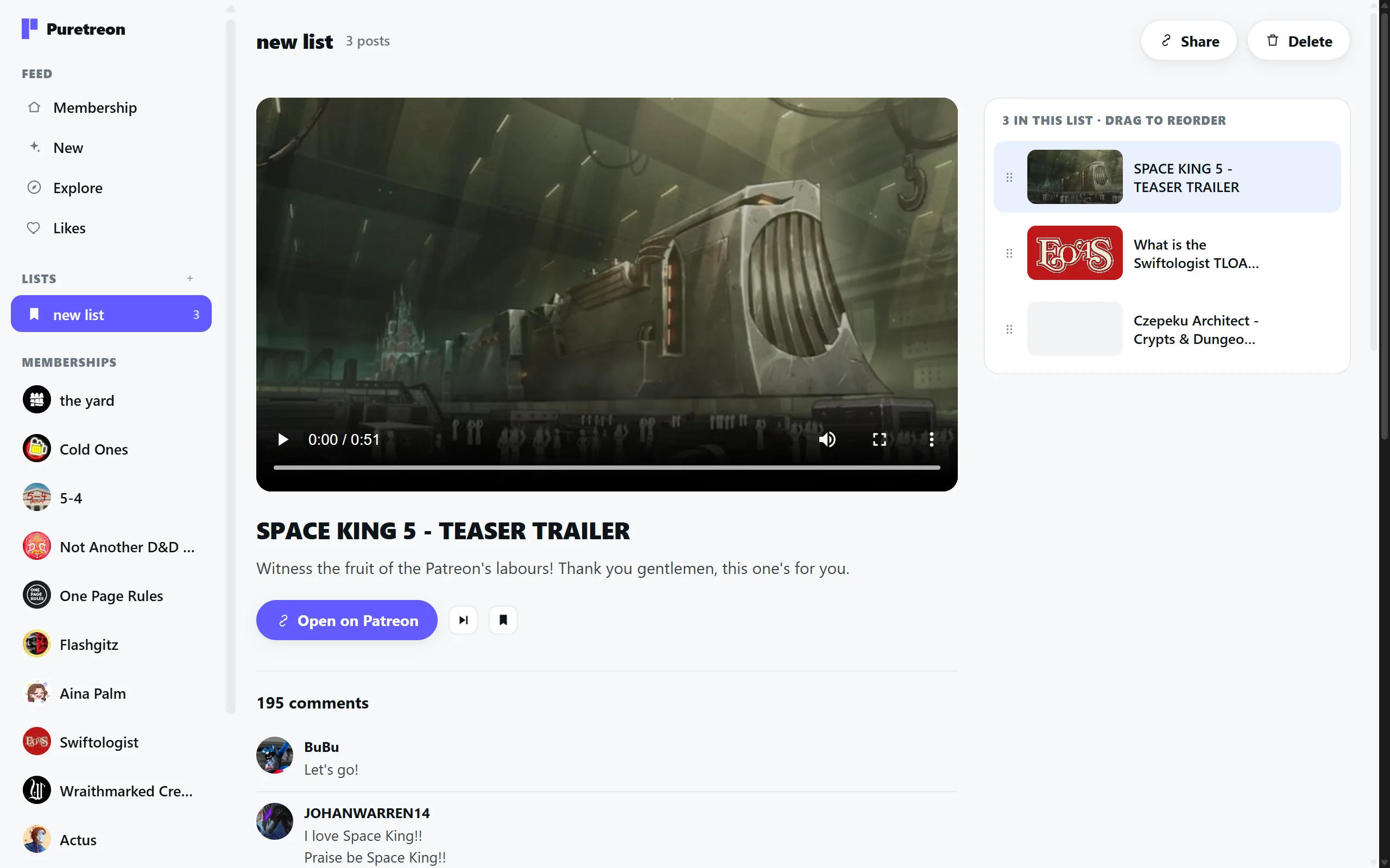 A saved playlist open in Puretreon: one post shown large, the rest listed beside it in a column you can drag into order.