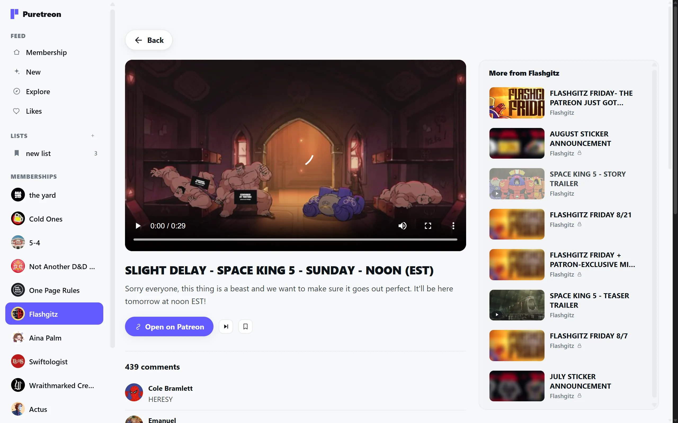 A post open in Puretreon: the video playing full width, its comments below, and more from the same creator listed down the side.
