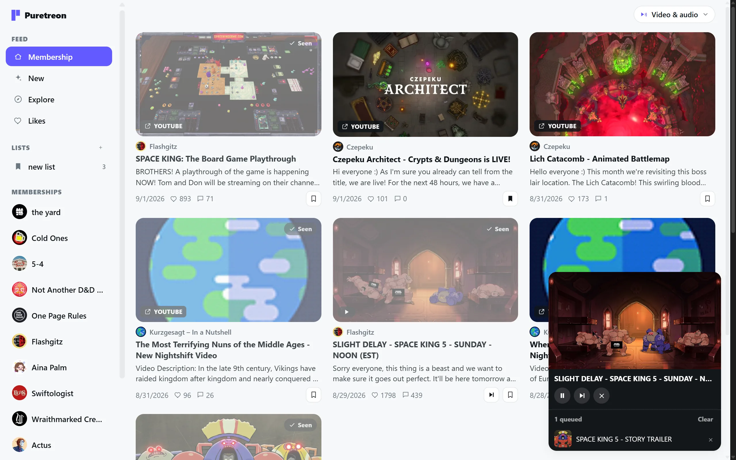 The Puretreon feed with a small video player pinned in the bottom-right corner, still playing.