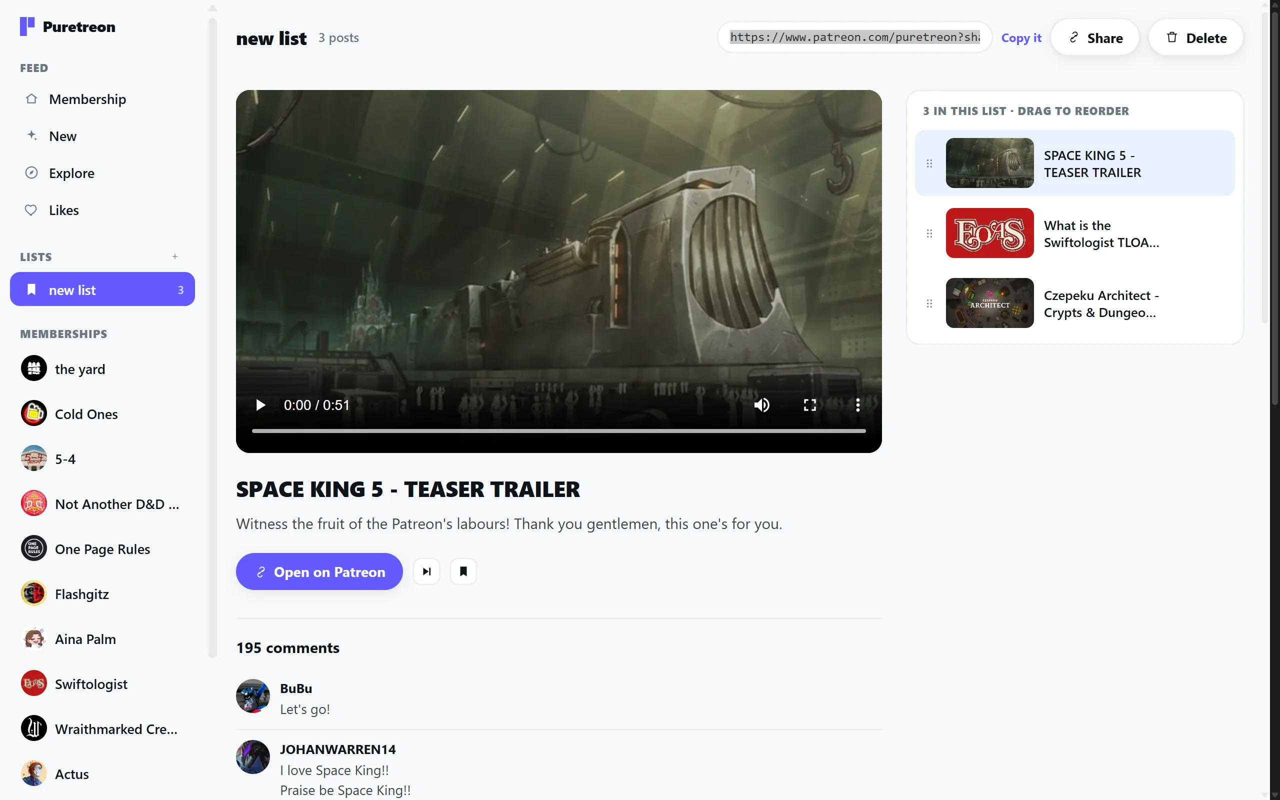 A playlist header in Puretreon with Share pressed, showing the copied link expanded as selectable text beside the button.
